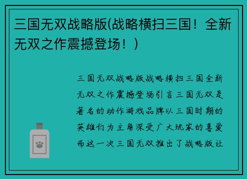 三国无双战略版(战略横扫三国！全新无双之作震撼登场！)